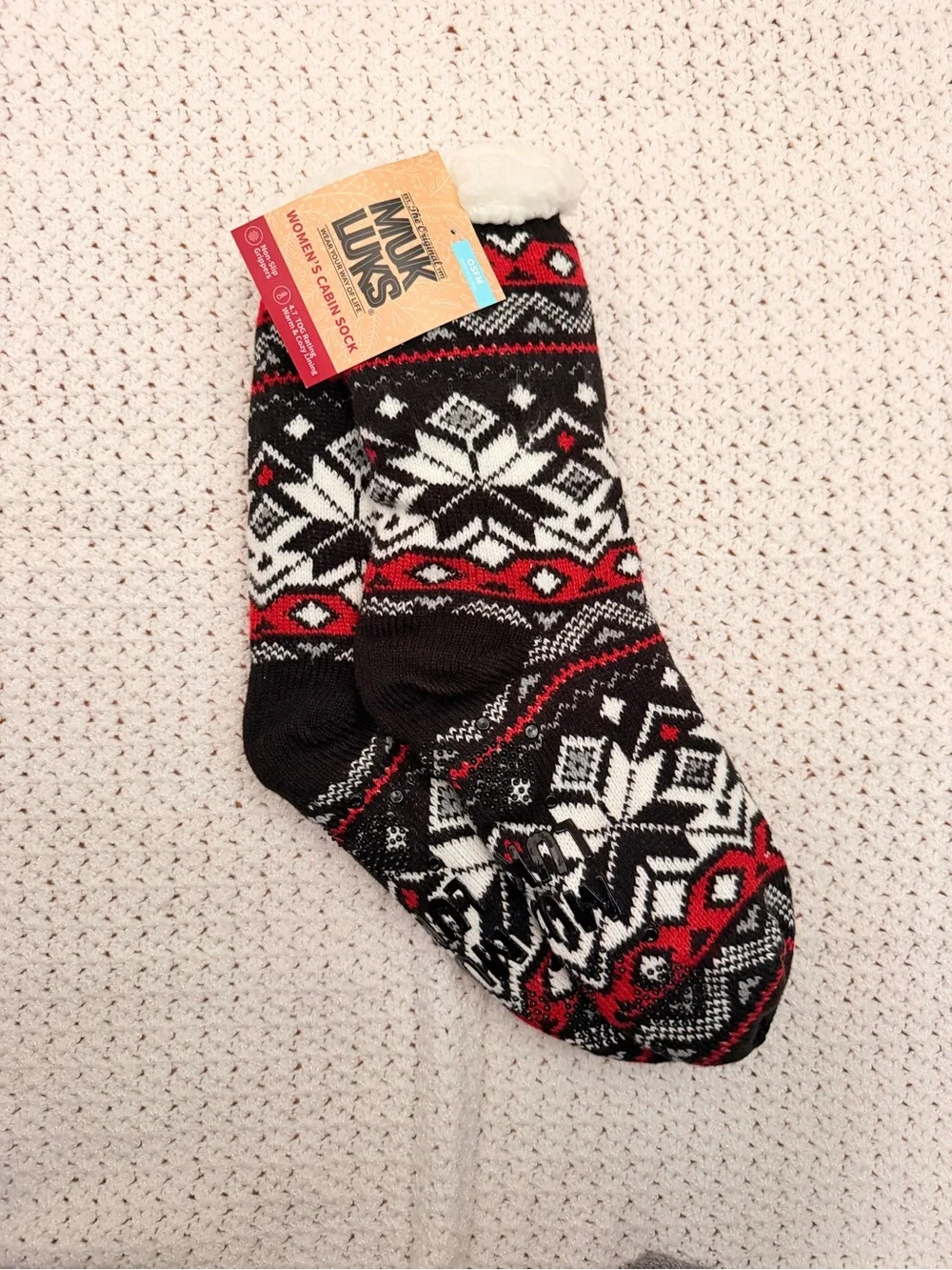 Muk Luks Black, White & Red Fair Isle Cabin Socks